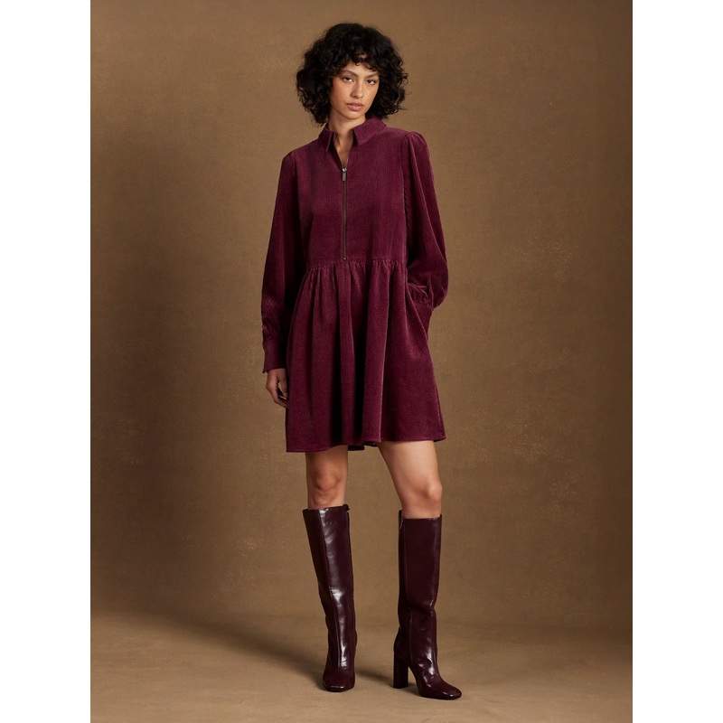 Burgundy Cord Zip Front Mini Dress