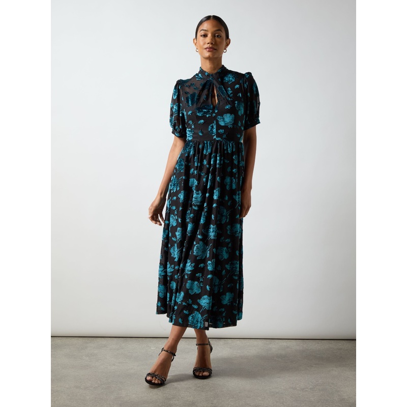 Erin Teal Floral Jersey Burnout Midi Dress