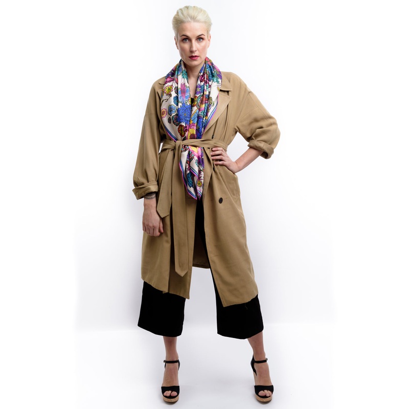 Flowers on Cream Silk,100% Satin Silk Silk ,100cm Square