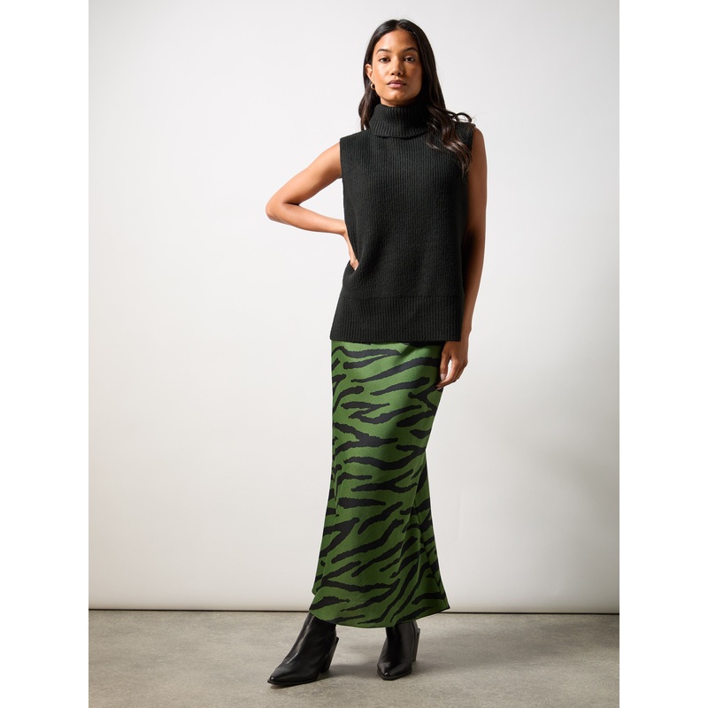 Green Zebra Print Bias Cut Maxi Skirt