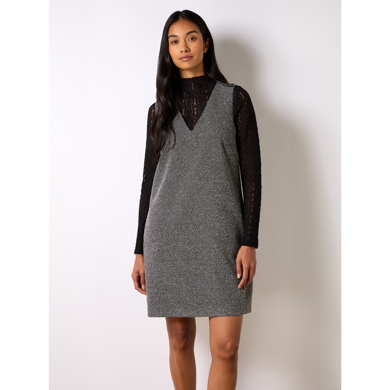 Grey Textured V-Neck Mini Dress