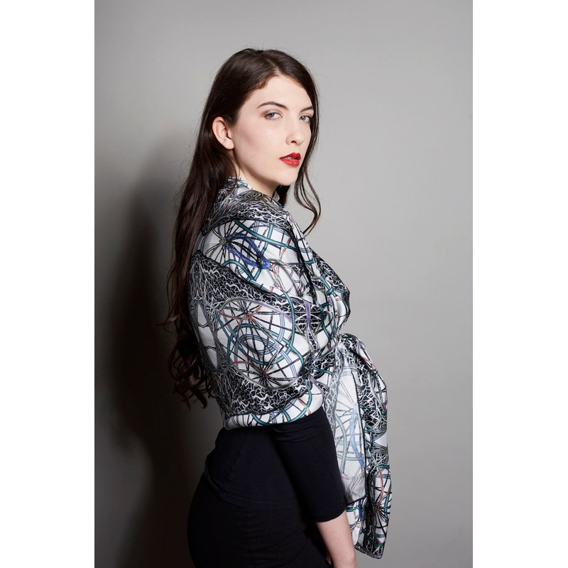 ‘Juggling Wheels’ 100% Silk Twill, Long Rectangular Scarf