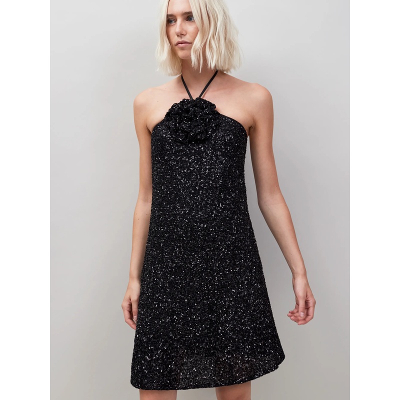 Mimi Sequinned Corsage-Detail Halterneck Mini Dress