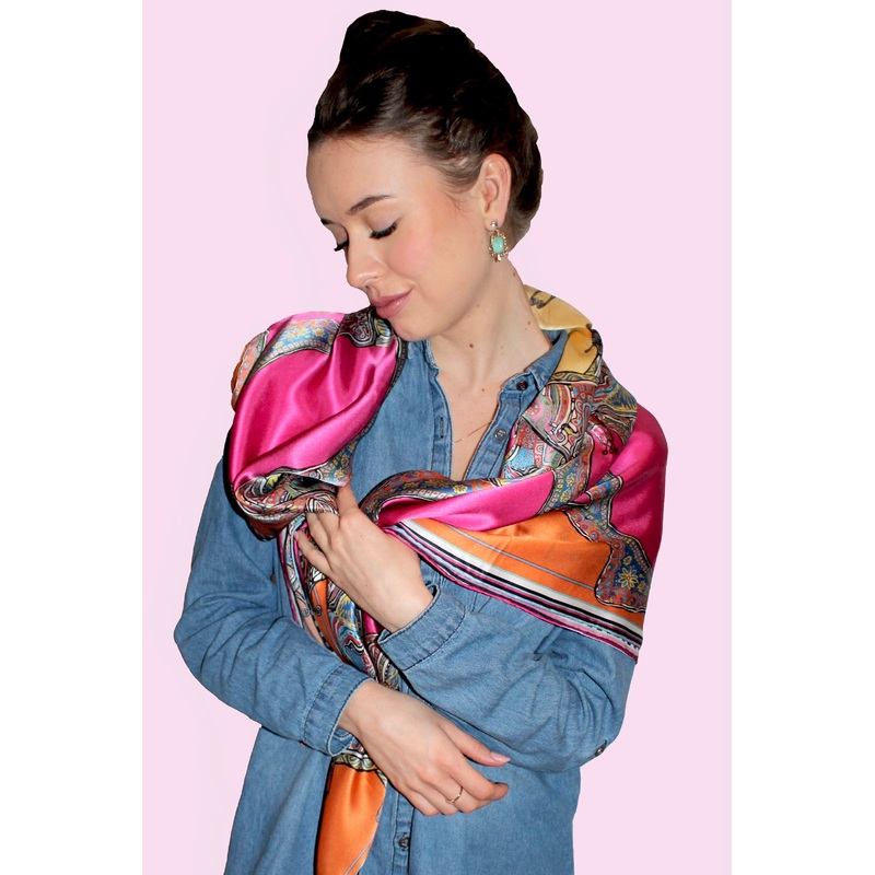 Orange/Pink Butterflies, ‘The Emily’, 100% Satin Silk, 110cm Square