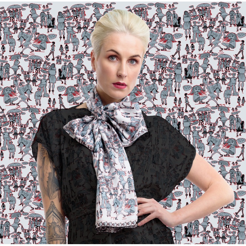 ‘People Watching’ Grey, Red, White, 100% Silk Twill, Long Rectangular Scarf