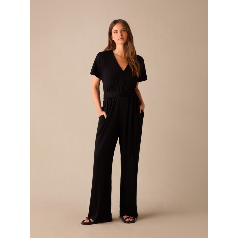 Petite Black Jersey Tie Belt Jumpsuit