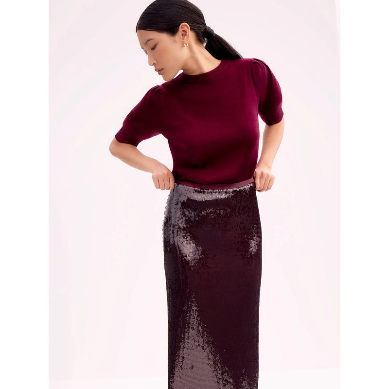 Petite Burgundy Liquid Sequinned Skirt