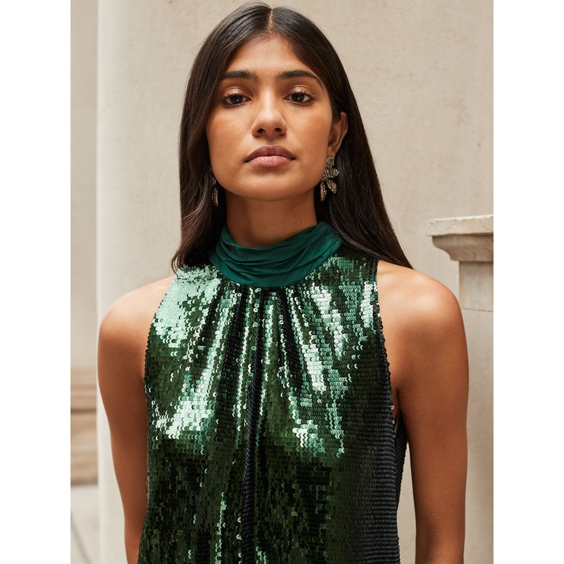 Petite Freya Emerald Green Sequinned Halterneck Dress