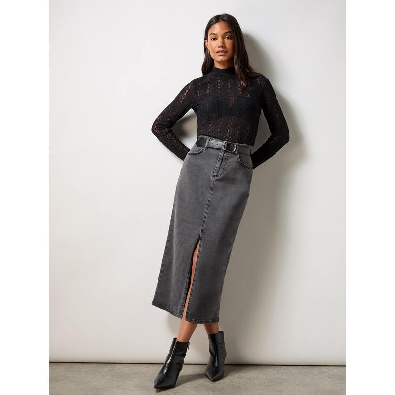 Petite Grey Denim Midi Skirt-6 & 8 & 10 & 12 & 14 & 16-Grey