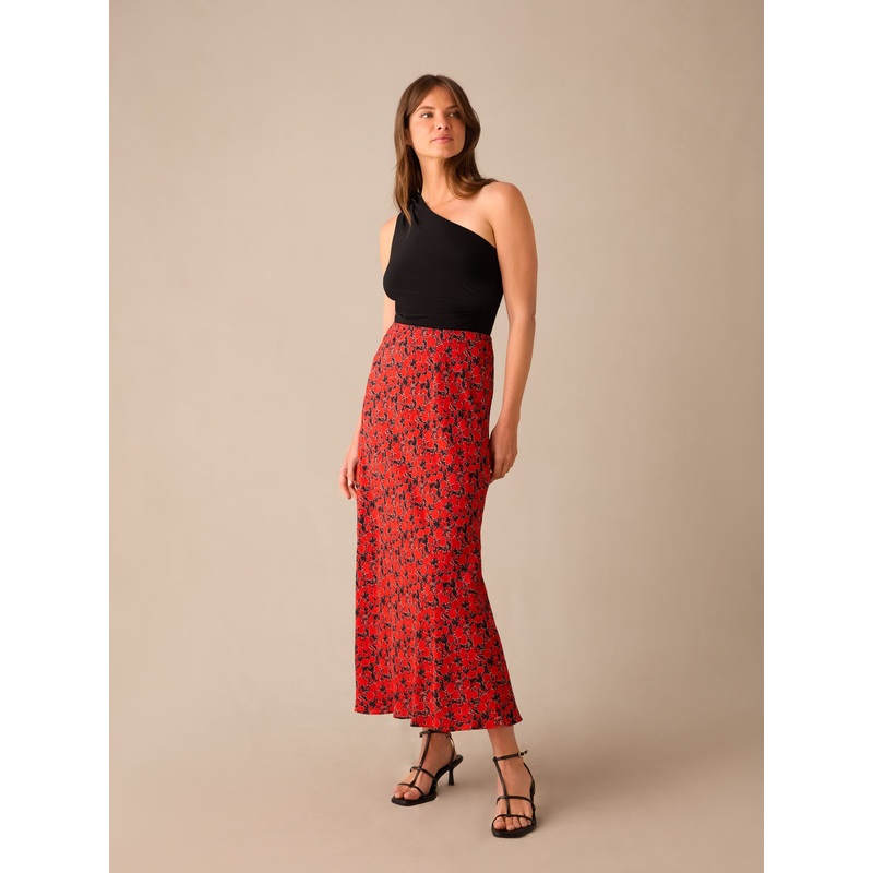 Petite Red Blurred Floral Print Bias Cut Maxi Skirt