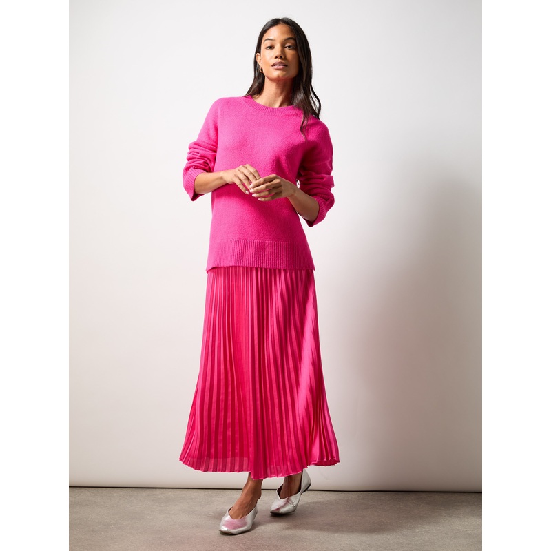 Pink Pleated Midi Skirt-6 & 8 & 10 & 12 & 14 & 16 & 18-Pink