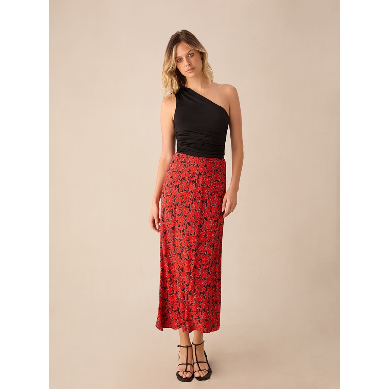 Red Blurred Floral Print Bias Cut Maxi Skirt
