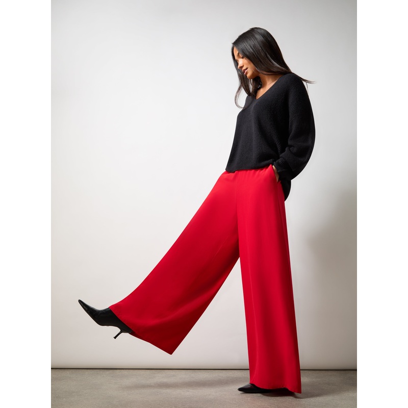 Red Crepe Wide Leg Trouser-6 & 8 & 10 & 12 & 14 & 16 & 18-Red