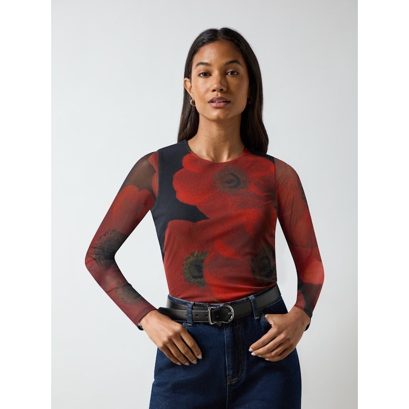 Red Floral Mesh Top-6 & 8 & 10 & 12 & 14 & 16 & 18-Red