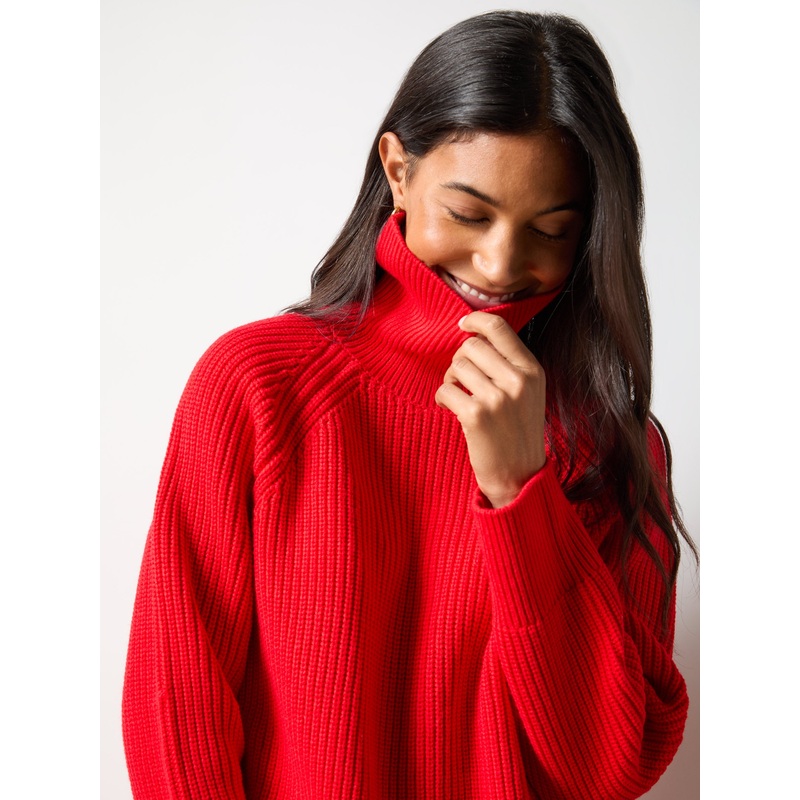 Red Ribbed High Neck Jumper-XS & S & M & L & XL-Red