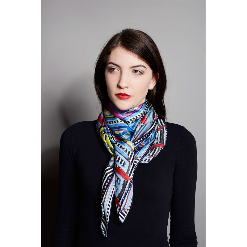 Striped Cottages, 100% Satin Silk, 100cm Square