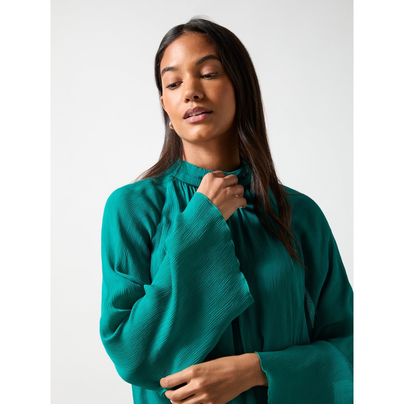 Teal Crinkle Flared Sleeve Blouse