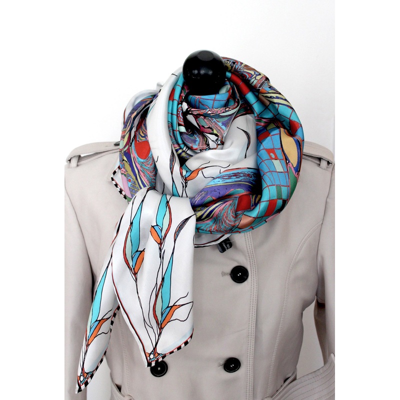 ‘Teal Ribbons’ 100% Satin Silk, 110cm Square