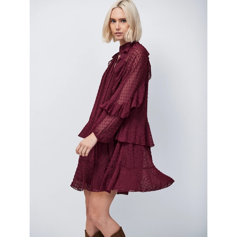 Wine Dobby Ruffle Short Dress-6 & 8 & 10 & 12 & 14 & 16 & 18-Red