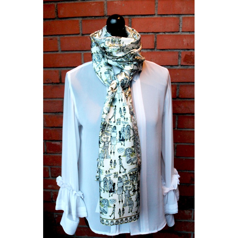 Yellow People Watching, 100% Silk Twill, Long Rectangular Scarf