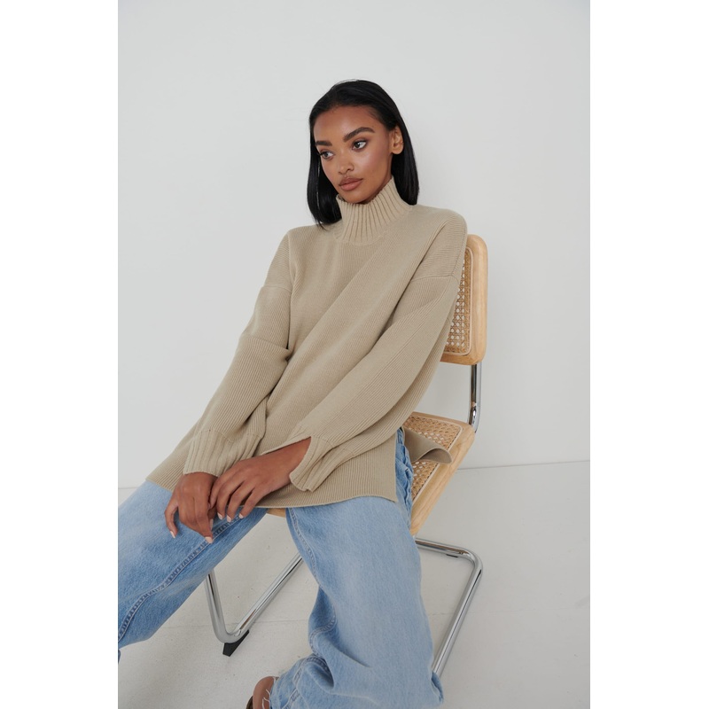 Amory Grown Neck Knit Jumper – Beige