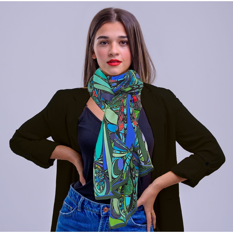 Blue /Green Universe, 100% Silk Twill, Long Rectangular Scarf