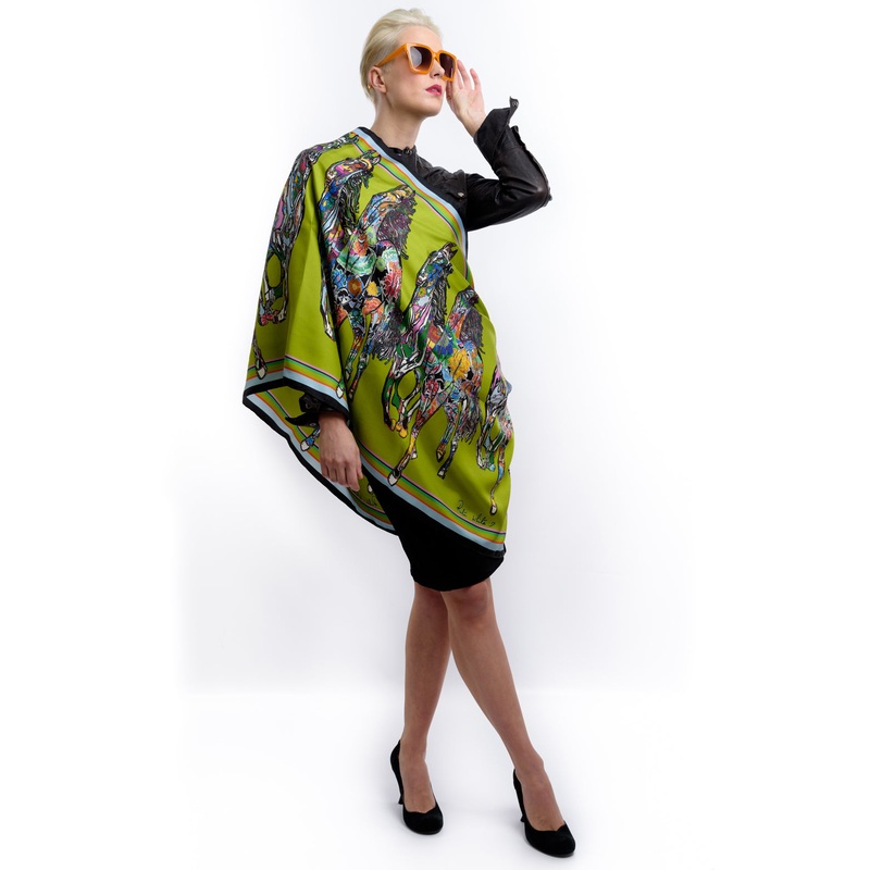 Galloping Horses In Green Long Silk Scarf