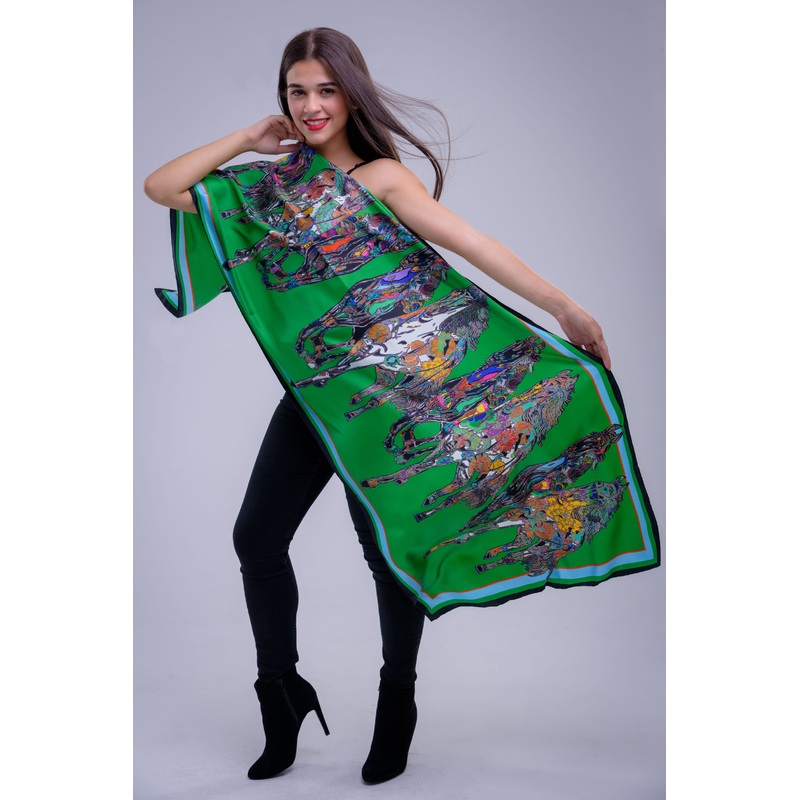 Galloping Horses in Kelly Green. Long Silk Scarves