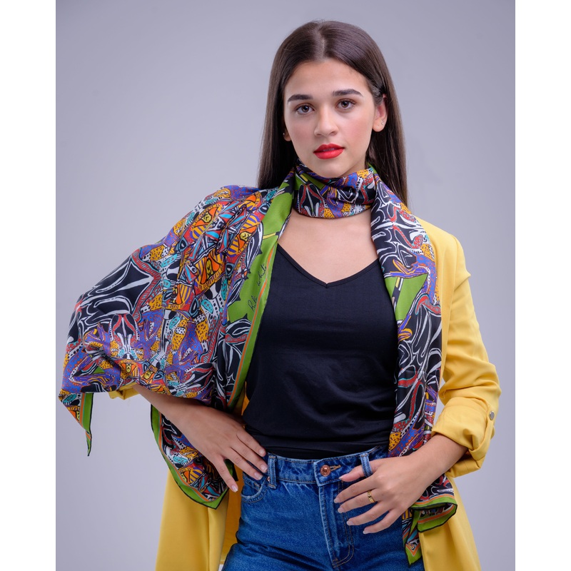 Green Beetle Walk,100% Silk Twill, Long Rectangular Scarf