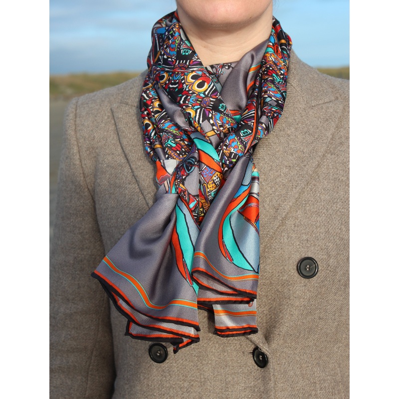 Grey Funky Fly Design,100% Silk Twill, Long Rectangular Scarf