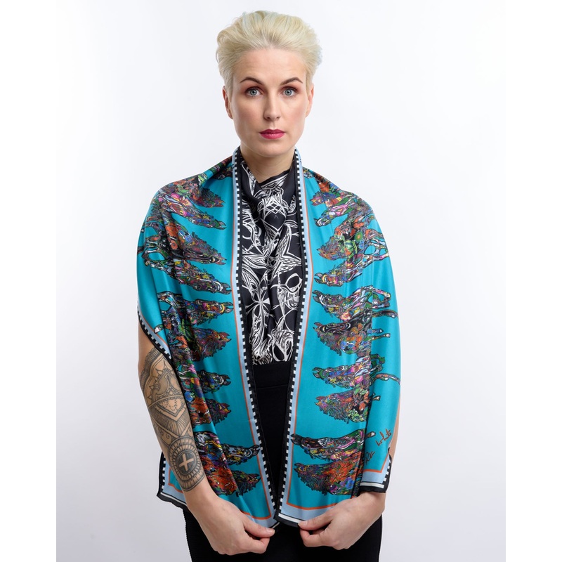 Horse Gallop in Blue, Small Long Silk Scarf