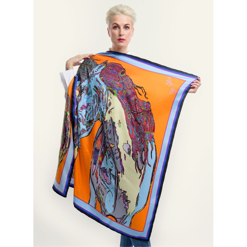 Horses in Love in Orange, 100% Silk Twill, 110cm Square