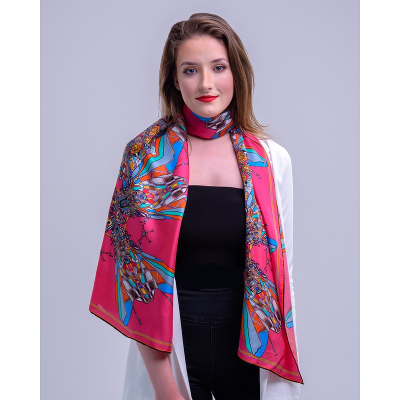 Pink Funky Fly Design,100%Silk Twill, Long Rectangular Scarf