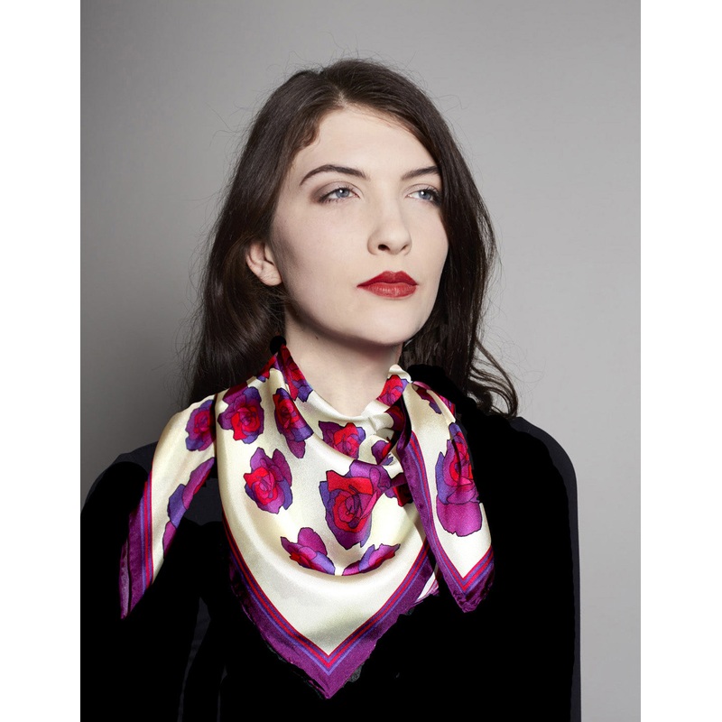 Pink/Purple, Roses in Cream, 100% Silk Twill, 70cm Square