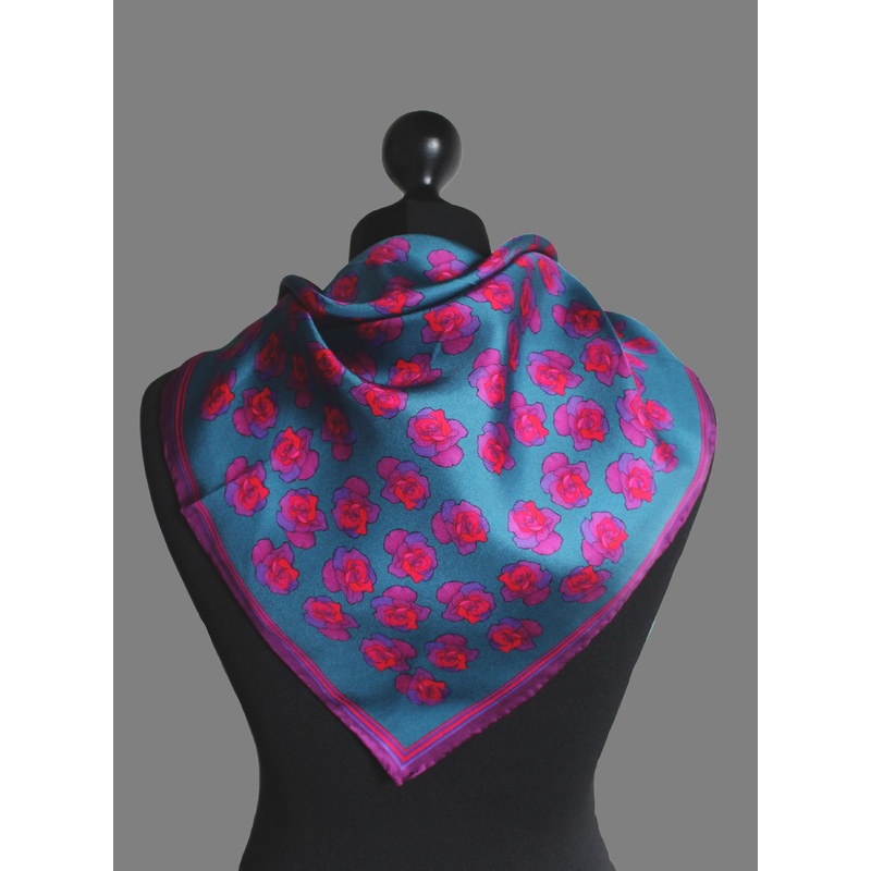 Pink/Purple Roses in Green, 100% Silk Twill, 70cm Square