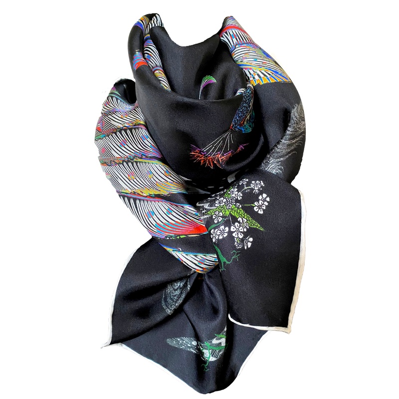 Proud Peacock Feathers in Black, 100% Silk Scarf, Large Square