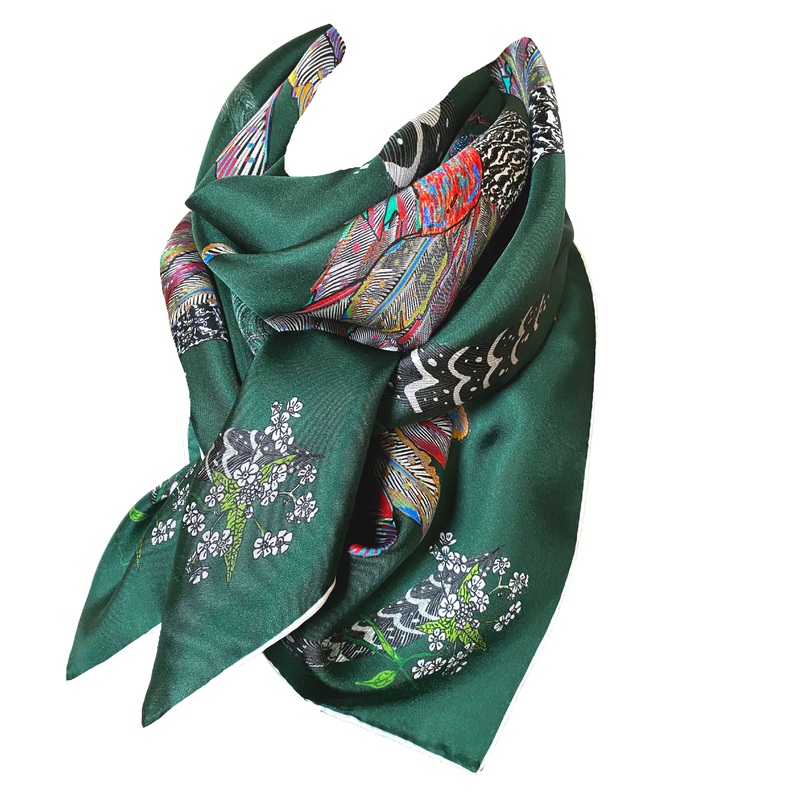 Proud Peacock Feathers in Green, 100% Silk Scarf, Large Square