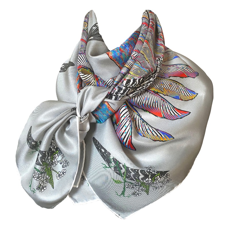 Proud Peacock Feathers in Grey, 100% Silk Scarf , Large Square