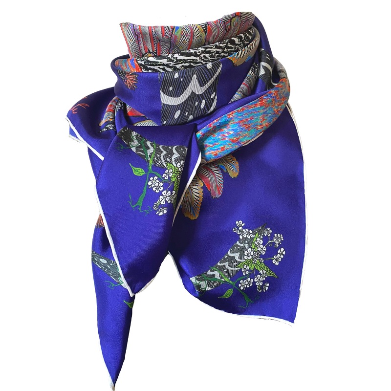 Proud Peacock Feathers in Navy, 100% Silk Scarf , Large Square