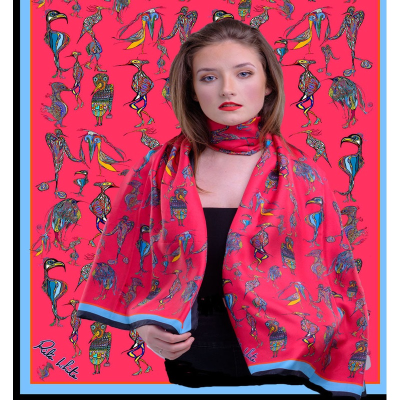 Red Birds Wearing Shoes, 100% Silk Twill, Long Rectangular Scarf