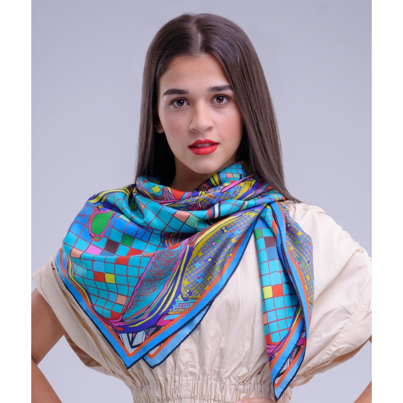 Teal Squares, Silk Scarf