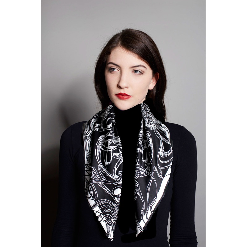 Windy Day, Black and White, 100% Silk Twill, 70cm Square