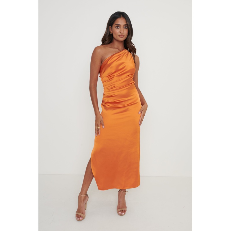 Amelia One Shoulder Ruched Satin Dress – Orange