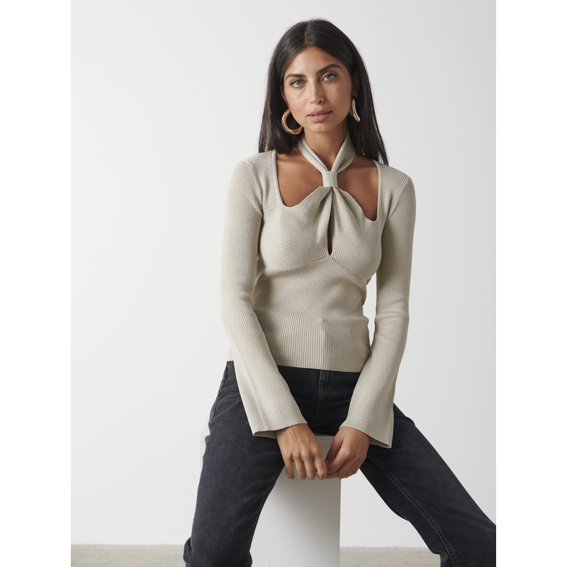 Amity Knotted Halterneck Long Sleeve Top – Gold Metallic