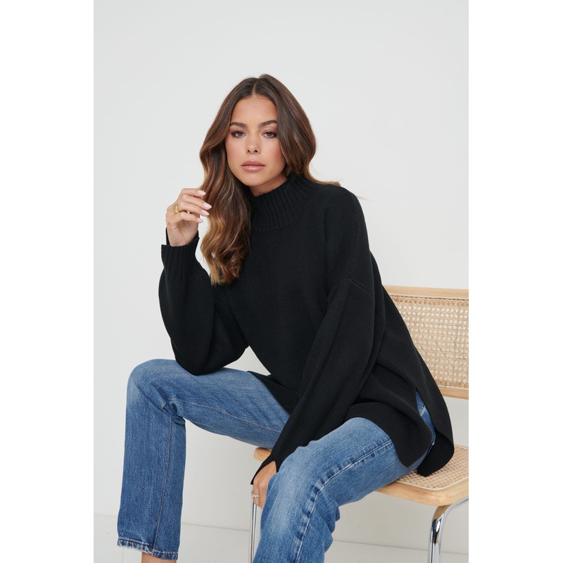 Amory Grown Neck Knit Jumper – Black