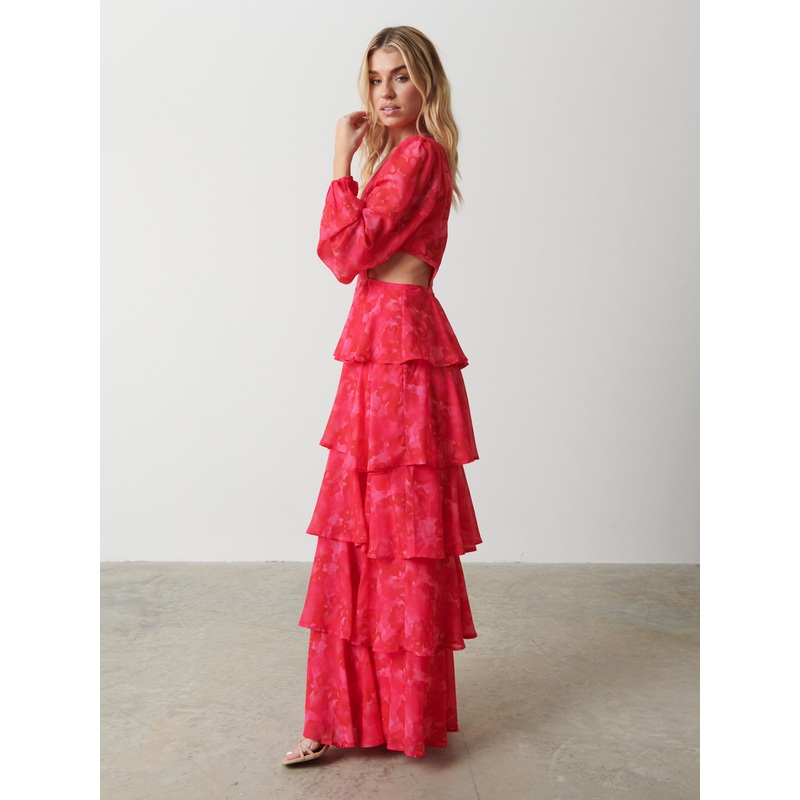 Ashton Cut Out Maxi Dress – Pink and Red Watercolour