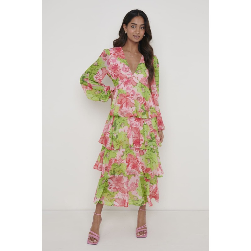Ashton Ruffle Midi Dress – Patchwork Floral