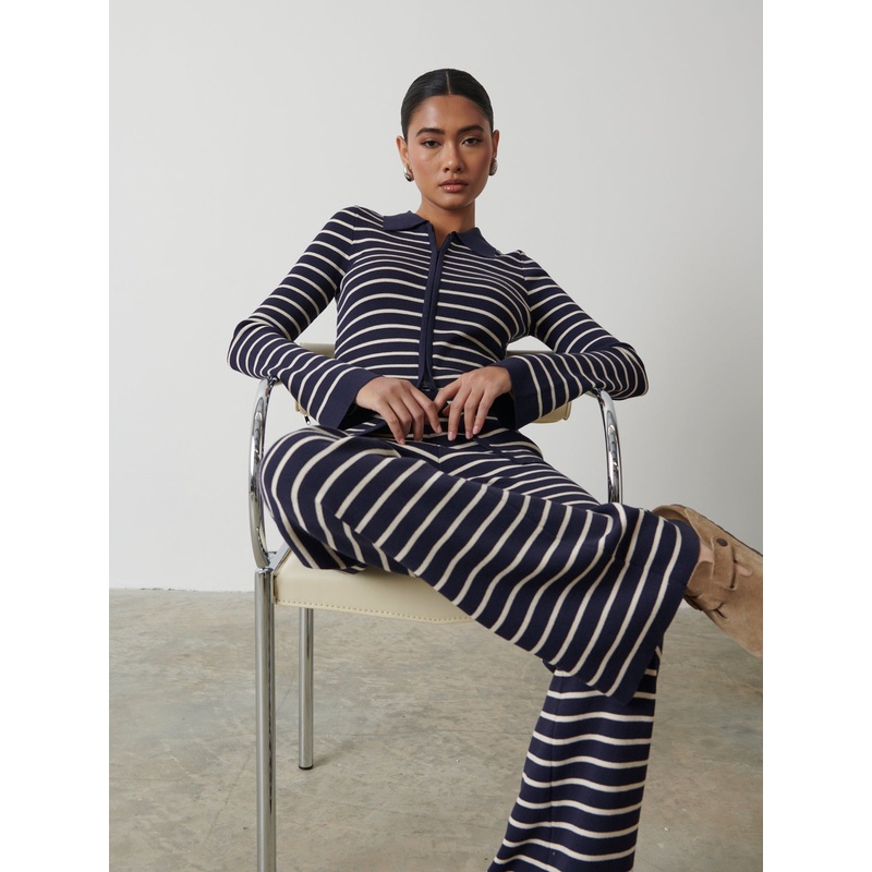 Avery Striped Zip Knit Top – Navy and Cream