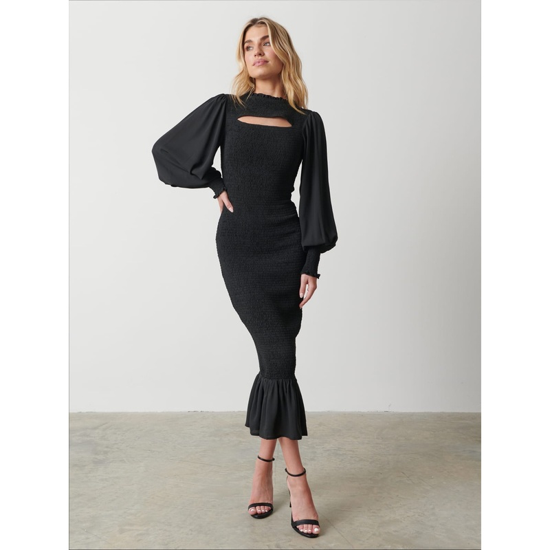 Elise Cut Out Shirred Midaxi Dress – Black
