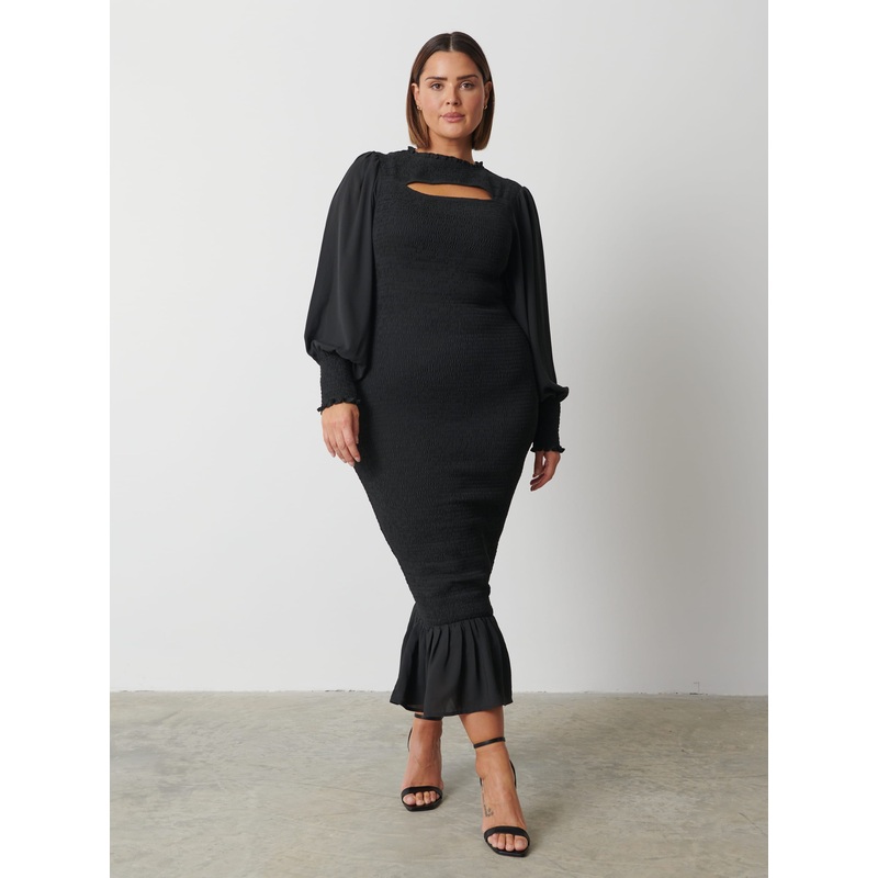 Elise Cut Out Shirred Midaxi Dress Curve – Black